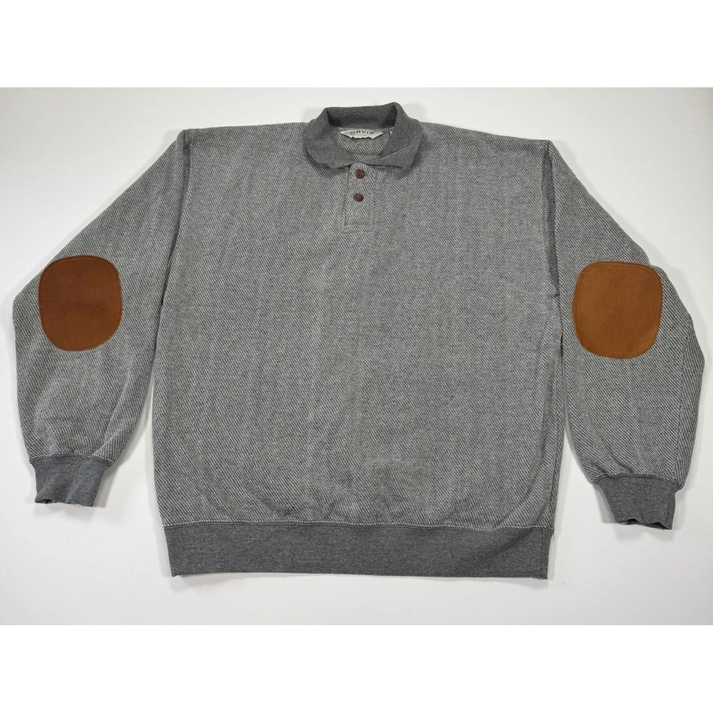 Vintage Orvis Elbow Patch Pullover Sweater Mens L Gray Herringbone Cotton Knit - Picture 1 of 13